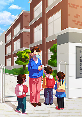 전신 PSD 여자 교육 남자 어린이 일러스트 학교 여러명 성인 교사 온도계 체온계 사회이슈 검사_조사 등교 방역 에듀 에듀케이션 체온측정 스쿨팩 코로나바이러스 비접촉체온계 포스트코로나 델타변이바이러스 위드코로나 대면 국내일러스트 직업 다수 컨셉 사람 바이러스 측정 등하교 파일형식