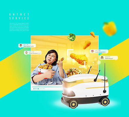 PSD 편집이미지 여자 한명 상반신 성인 30대 치킨 한국인 로봇 배송 동영상 민트색 성인여자한명만 자율주행 비대면서비스 온택트 이미지편집 1 컬러 사람 동양인 장년 운전 서비스 닭고기요리 여자한명만 성인여자만 파일형식 4차산업 언택트