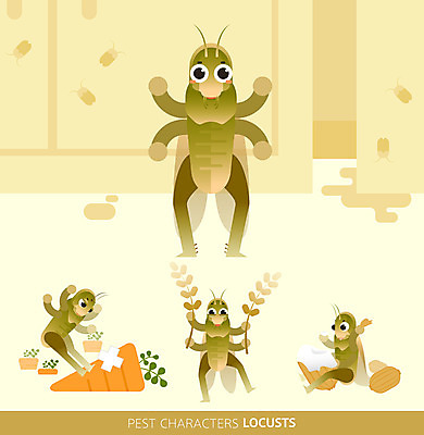 캐릭터 여러마리 일러스트 사람없음 농작물 세트 노란색 귀여움 해충 곤충캐릭터 찢어짐 밟기 메뚜기 일러캐릭터 AI파일 컬러 다수 곤충 컨셉 농업 모션 벌레 파일형식 벡터