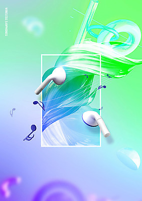 PSD 편집이미지 음악 음표 사람없음 초록색 보라색 그라데이션 무선이어폰 입체도형 이미지편집 도형 기호 컬러 이어폰 문화예술 입체 파일형식