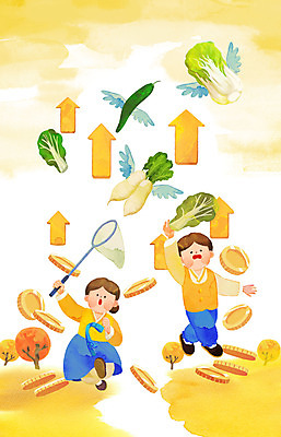 전신 PSD 전통 여자 명절 남자 화살표 채소 일러스트 수채화 두명 경제 노란색 추석 동전 무 한복 배추 상승 폭등 국내일러스트 한국전통 기념일 컬러 컨셉 돈 뿌리채소 사람 전통의상 파일형식