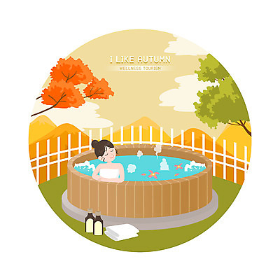 PSD 여자 낙엽 일러스트 한명 사람 상반신 야외 초록색 울타리 스파 가을 원형 노천탕 여자한명만 웰니스투어 국내일러스트 도형 1 계절 컬러 여행 잎 담장 온천 신조어 여자만 파일형식