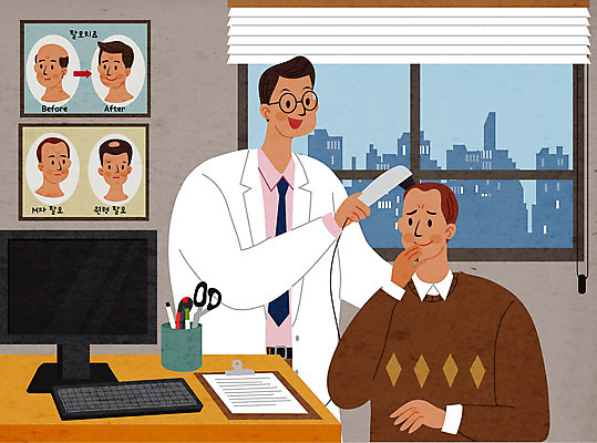 남자 일러스트 병원 상반신 성인 두명 치료 의사 헤어관리 탈모 탈모클리닉 성인남자만 국내일러스트 AI파일 의학 사람 뷰티 의료진 클리닉 증상 남자만 성인만 파일형식 벡터