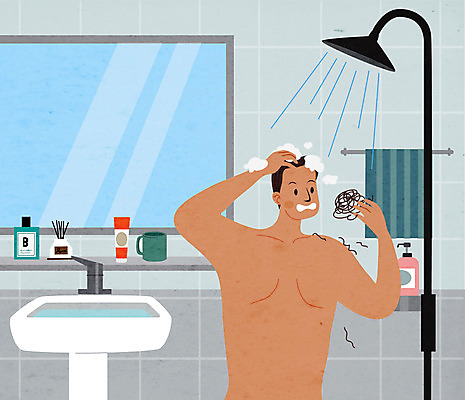 남자 일러스트 한명 상반신 성인 머리카락 목욕 놀람 욕실 샤워기 샴푸 탈모 성인남자한명만 국내일러스트 AI파일 1 감정 표정 사람 위생용품 머리 청결 증상 남자한명만 성인남자만 파일형식 벡터