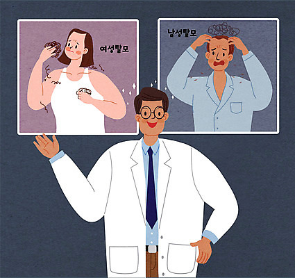여자 남자 일러스트 상반신 성인 세명 머리카락 의사 고민 예방 헤어관리 탈모 탈모클리닉 성인만 국내일러스트 AI파일 감정 사람 뷰티 머리 의료진 클리닉 증상 파일형식 벡터