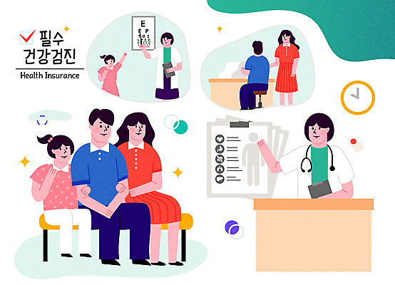 전신 여자 남자 어린이 일러스트 가족 엄마 건강 여러명 상반신 성인 간호사 의사 아빠 검사_조사 시력 보험 건강검진 혈압 건강보험 국내일러스트 AI파일 다수 관계 사람 의료진 파일형식 벡터