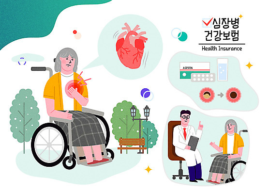 전신 공원 여자 노년 남자 할머니 일러스트 건강 여러명 성인 세명 초록색 진료 의사 심장 질병 휠체어 보험 동맥경화 심장병 건강보험 국내일러스트 AI파일 공공시설 컬러 다수 의학 사람 의료진 장기_의학 파일형식 벡터