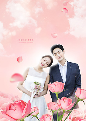 PSD 편집이미지 여자 남자 꽃 행복 신부 분홍색 부케 웨딩드레스 결혼 상반신 성인 두명 장미 기쁨 한국인 성인만 이미지편집 식물 드레스 감정 컬러 꽃다발 사람 동양인 이벤트 파일형식