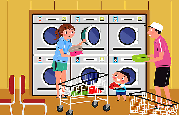 전신 여자 남자 어린이 의자 일러스트 가족 사람 성인 세명 부모 기계 카트 빨래 세탁기 무인 무인기계 빨래방 자동 코인세탁실 국내일러스트 AI파일 가구 가사 관계 가전제품 파일형식 벡터