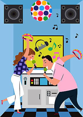 전신 여자 남자 음표 일러스트 노래 조명 사람 성인 두명 스크린 스피커 기계 마이크 즐거움 탬버린 노래방 무인 무인기계 자동 성인만 코인노래방 국내일러스트 AI파일 기호 감정 음악 음향기기 타악기 파일형식 벡터