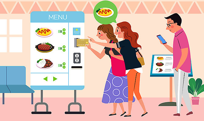 전신 여자 남자 화분 음식 말풍선 의자 일러스트 사람 성인 세명 식당 기계 신용카드 결제 주문 무인 무인기계 자동 키오스크 성인만 국내일러스트 AI파일 가구 금융 상점 파일형식 벡터
