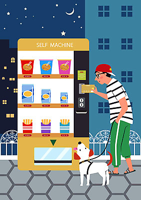 전신 남자 별 일러스트 한명 사람 건물 울타리 과자 기계 산책 개 강아지 초승달 결제 야식 무인 무인기계 반려 자동 자판기 캔음료 컵라면 남자한명만 국내일러스트 AI파일 자연요소 1 건축물 음료 포유류 휴식 디저트 담장 반려동물 달 라면 남자만 파일형식 벡터