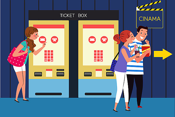 전신 커플 여자 남자 화살표 음료 일러스트 사람 성인 세명 기계 영화관 극장 팝콘 무인 무인기계 자동 키오스크 성인만 국내일러스트 AI파일 관계 파일형식 벡터