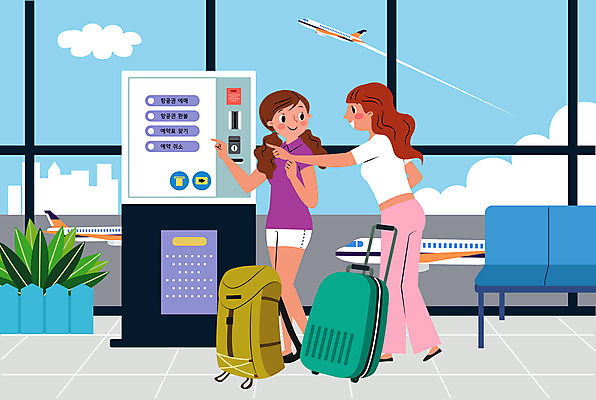 전신 구름 여자 여행 의자 가방 일러스트 배낭 비행기 사람 성인 두명 친구 캐리어 기계 공항 항공권 무인 무인기계 자동 키오스크 성인여자만 국내일러스트 AI파일 자연요소 잡화 가구 관계 항공교통 교통시설 대중교통 여행가방 티켓 여자만 성인만 파일형식 벡터