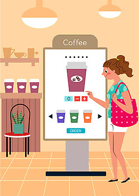 전신 여자 화분 커피 의자 일러스트 전등 조명 한명 사람 성인 컵 기계 카페 주문 무인 무인기계 자동 키오스크 성인여자한명만 국내일러스트 AI파일 1 식기 음료 가구 상점 여자한명만 성인여자만 파일형식 벡터