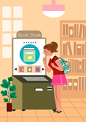 전신 여자 화분 일러스트 전등 조명 책장 한명 사람 책 기계 도서관 서점 무인 무인기계 자동 키오스크 국내일러스트 AI파일 1 교육 가구 상점 파일형식 벡터