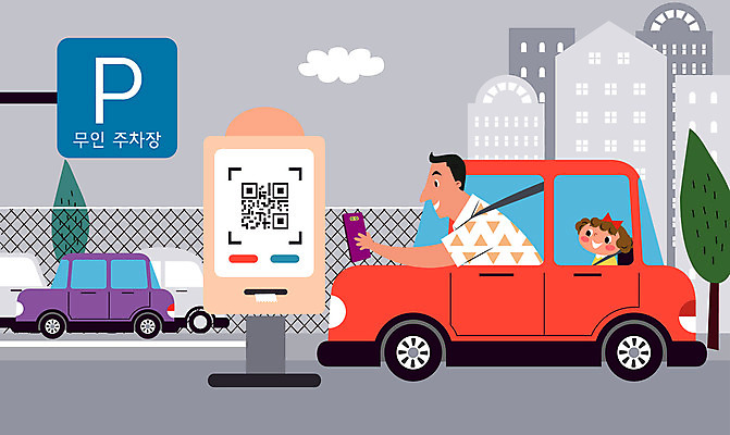 나무 구름 여자 남자 어린이 일러스트 가족 자동차 사람 상반신 성인 두명 건물 울타리 기계 표지판 주차장 QR코드 무인 무인기계 자동 키오스크 국내일러스트 AI파일 자연요소 식물 건축물 육상교통 관계 알림판 담장 파일형식 벡터