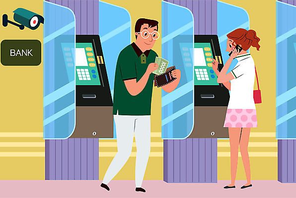 전신 여자 남자 일러스트 사람 성인 두명 기계 은행 통화 감시카메라 ATM 무인 무인기계 자동 키오스크 성인만 국내일러스트 AI파일 모션 금융 카메라 파일형식 벡터