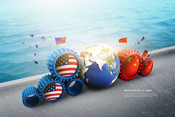 PSD 편집이미지 나라 지구 바다 사람없음 빨간색 파란색 미국 중국 경쟁 깃발 성조기 파편 오성홍기 톱니바퀴 갈등 정치 미중갈등 이미지편집 아시아 컬러 컨셉 북아메리카 경제 국기 파일형식