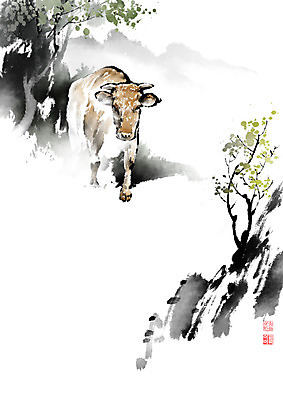 PSD 나무 한마리 잎 일러스트 캘리그라피 붓터치 산 풍경 초원 사람없음 가을풍경 안개 돌_바위 바위 나뭇가지 소 동양화 번짐 국내일러스트 식물 1 포유류 날씨 미술 파일형식 효과 가을_계절