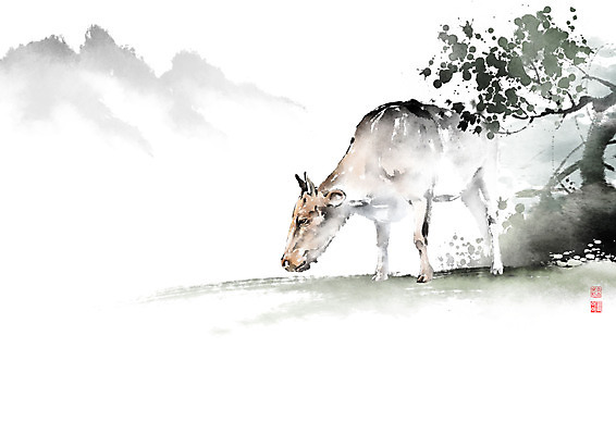 PSD 나무 한마리 일러스트 캘리그라피 붓터치 산 풍경 초원 사람없음 가을풍경 안개 나뭇가지 소 숲 동양화 번짐 국내일러스트 식물 1 포유류 날씨 미술 파일형식 효과 가을_계절