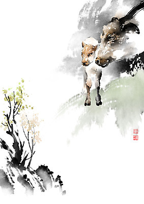 PSD 나무 두마리 일러스트 캘리그라피 붓터치 풍경 초원 사람없음 가을풍경 돌_바위 바위 나뭇가지 소 숲 동양화 번짐 송아지 국내일러스트 식물 새끼 2 포유류 미술 파일형식 효과 가을_계절