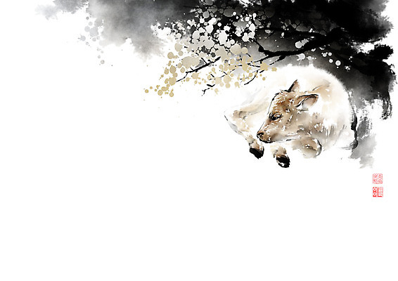 PSD 나무 한마리 잎 일러스트 캘리그라피 붓터치 휴식 풍경 초원 사람없음 가을풍경 나뭇가지 소 숲 동양화 번짐 송아지 국내일러스트 식물 1 새끼 컨셉 포유류 미술 파일형식 효과 가을_계절