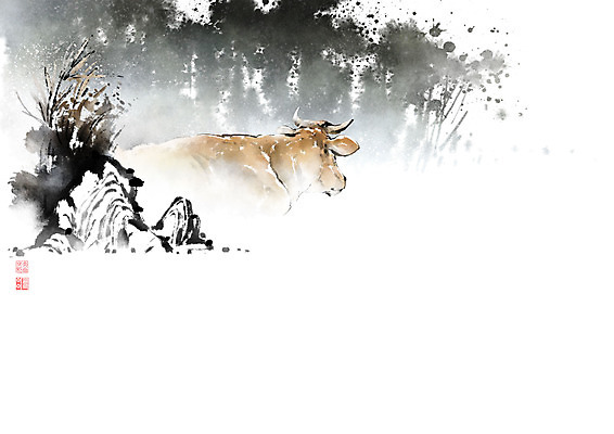 PSD 나무 한마리 잎 일러스트 캘리그라피 붓터치 풍경 초원 사람없음 가을풍경 바위 나뭇가지 소 숲 동양화 번짐 국내일러스트 식물 1 포유류 미술 돌_바위 파일형식 효과 가을_계절