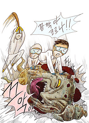 전신 PSD 남자 일러스트 박사 성인 세명 의료진 바이러스 질병 사회이슈 과학자 감염 전염 박테리아 몬스터 백신 신종바이러스 이슈 인플루엔자 진압 체포 코로나바이러스 팬데믹 질병관리청 델타변이바이러스 국내일러스트 직업 과학 컨셉 의학 모션 사람 학자 파일형식