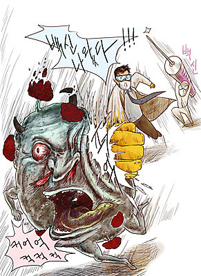 전신 PSD 남자 일러스트 주사기 박사 성인 두명 의료진 바이러스 질병 사회이슈 과학자 감염 전염 박테리아 몬스터 백신 신종바이러스 이슈 인플루엔자 진압 코로나바이러스 팬데믹 델타변이바이러스 국내일러스트 직업 과학 컨셉 의학 의료기기 모션 사람 학자 파일형식