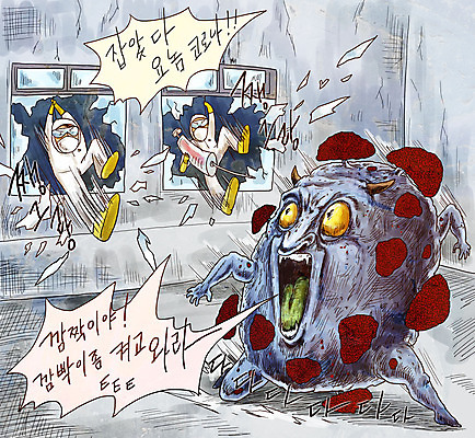 전신 PSD 남자 일러스트 창문 성인 두명 놀람 의료진 바이러스 질병 탈출 사회이슈 감염 전염 박테리아 추적 몬스터 백신 신종바이러스 이슈 인플루엔자 진압 특공대 코로나바이러스 팬데믹 질병관리청 델타변이바이러스 국내일러스트 직업 감정 컨셉 의학 모션 표정 사람 특수부대 파일형식