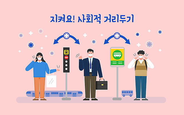 전신 학생 여자 남자 분홍색 가방 일러스트 버스 대중교통 마스크 사람 성인 세명 직장인 바이러스 전철 버스정류장 사회이슈 전철역 정류장표지판 코로나바이러스 사회적거리두기 델타변이바이러스 국내일러스트 AI파일 직업 잡화 육상교통 교통수단 캠페인 컬러 컨셉 표지판 역 파일형식 벡터
