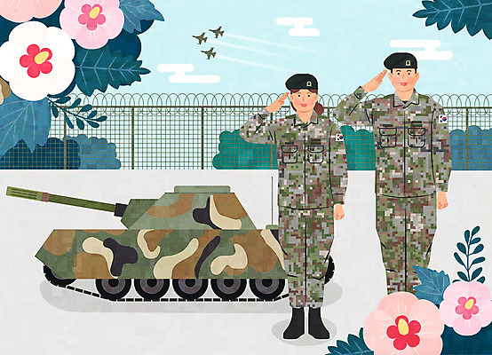 전신 여자 남자 일러스트 한국 미소 성인 두명 컬러풀 군인 경계선 군복 탱크 무궁화 경례 국군 국군의날 성인만 국내일러스트 AI파일 직업 꽃 아시아 선 컬러 유니폼 표정 사람 인사 경계 파일형식 벡터 법정기념일