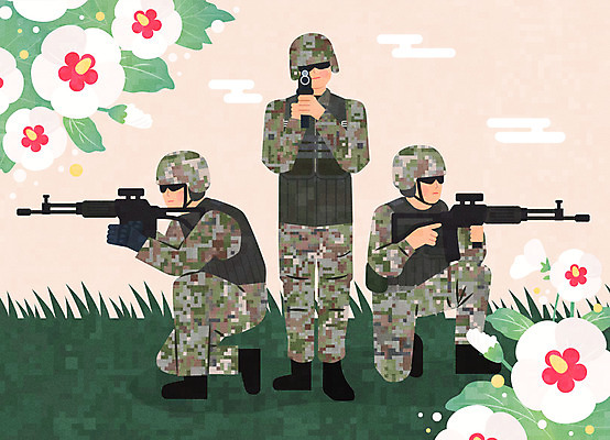 전신 무기 일러스트 군대 미소 성인 세명 컬러풀 군인 총 자신감 군복 사격 조준 무궁화 국군 국군의날 성인만 국내일러스트 AI파일 직업 꽃 감정 컬러 유니폼 표정 사람 파일형식 벡터 법정기념일