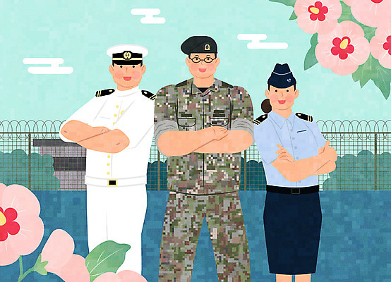 여자 남자 일러스트 군대 미소 상반신 성인 세명 컬러풀 팔짱 군인 공군 군복 해군 육군 무궁화 국군 국군의날 여군 성인만 국내일러스트 AI파일 직업 꽃 컬러 유니폼 모션 표정 사람 파일형식 벡터 법정기념일