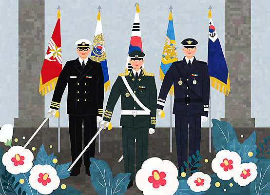 전신 남자 유니폼 일러스트 군대 미소 세명 컬러풀 군인 깃발 칼 공군 해군 육군 무궁화 공군기 국군 국군의날 성인남자만 국내일러스트 AI파일 직업 옷 꽃 컬러 표정 사람 남자만 성인만 파일형식 벡터 법정기념일