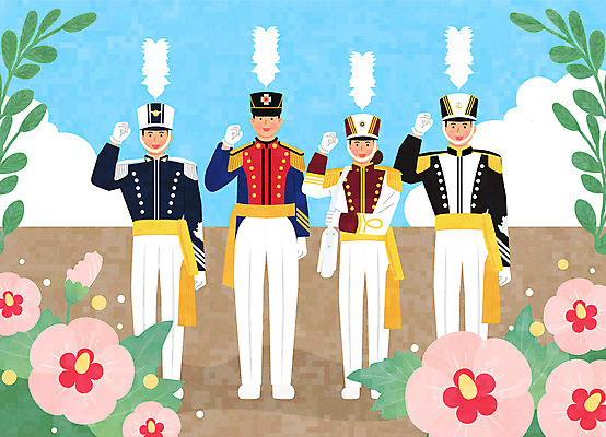 전신 여자 남자 일러스트 미소 여러명 성인 컬러풀 군인 공군 해군 육군 무궁화 예복 국군 국군의날 성인만 간호군 해군사관학교 공군사관학교 간호사관학교 육군사관학교 국내일러스트 AI파일 직업 옷 꽃 컬러 다수 학교 군대 표정 사람 간호사 파일형식 벡터 법정기념일