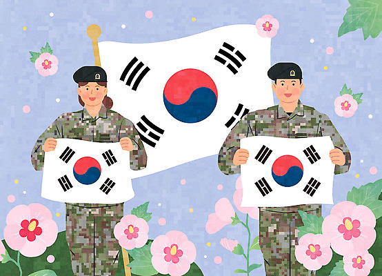 여자 남자 일러스트 군대 미소 상반신 성인 두명 컬러풀 군인 태극기 군복 무궁화 국군 국군의날 성인만 국내일러스트 AI파일 직업 꽃 컬러 유니폼 표정 사람 국기 파일형식 벡터 법정기념일