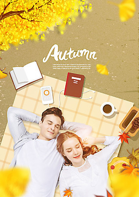PSD 서양인 외국인 편집이미지 커플 여자 남자 낙엽 휴식 사랑 상반신 20대 성인 책 눕기 독서 노란색 가을 은행잎 성인만 이미지편집 계절 감정 컬러 컨셉 잎 관계 모션 사람 인종 청년 파일형식