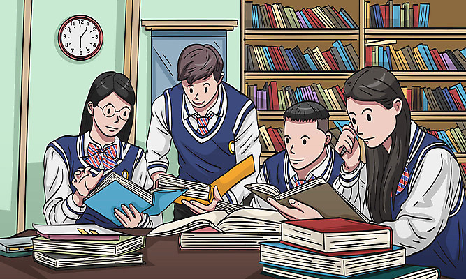 학생 여자 남자 교복 안경 시계 일러스트 청소년 탁자 책장 여러명 상반신 책 스터디 수능 수험생 수능대비 십대만 국내일러스트 AI파일 잡화 옷 가구 다수 고등학생 사람 학습 시험 파일형식 벡터