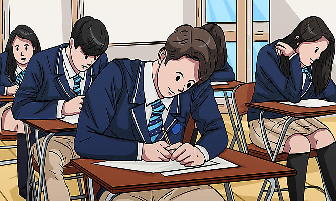 전신 학생 여자 남자 교복 일러스트 교실 청소년 여러명 연필 수능 시험 책상 수험생 수능대비 모의고사 베이지색 십대만 국내일러스트 AI파일 옷 교육 컬러 가구 다수 학교 고등학생 학용품 사람 필기구 파일형식 벡터