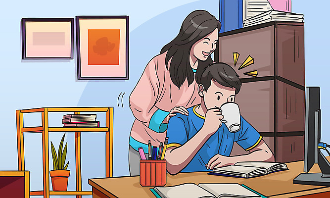 여자 남자 화분 아들 액자 일러스트 응원 청소년 탁자 엄마 책장 상반신 성인 두명 책 공책 머그컵 수능대비 국내일러스트 AI파일 가구 가족 문구용품 사람 컵 수능 파일형식 벡터