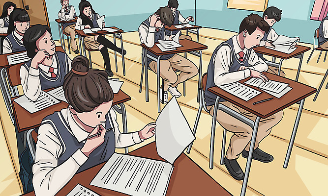 전신 학생 여자 남자 교복 의자 일러스트 청소년 여러명 연필 갈색 수능 책상 수험생 수능대비 십대만 국내일러스트 AI파일 옷 컬러 가구 다수 고등학생 학용품 사람 필기구 시험 파일형식 벡터