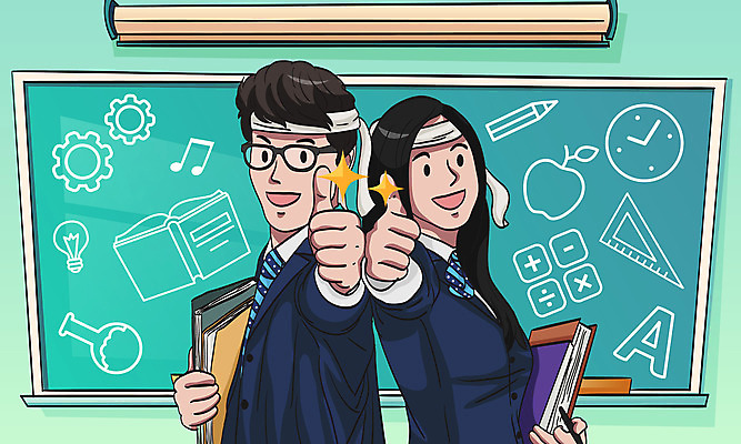 여자 남자 교복 안경 일러스트 청소년 상반신 두명 책 공책 칠판 엄지손가락 등맞대기 머리띠 최고 자신감 수능대비 십대만 국내일러스트 AI파일 잡화 옷 감정 장신구 손가락 모션 문구용품 사람 수능 파일형식 벡터