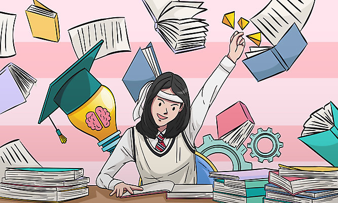 여학생 여자 교복 분홍색 일러스트 학사모 전구 청소년 한명 상반신 책 공책 머리띠 자신감 톱니바퀴 수능대비 십대여자한명만 국내일러스트 AI파일 모자_잡화 1 학생 옷 감정 컬러 장신구 졸업 문구용품 사람 수능 여자한명만 십대여자만 파일형식 벡터