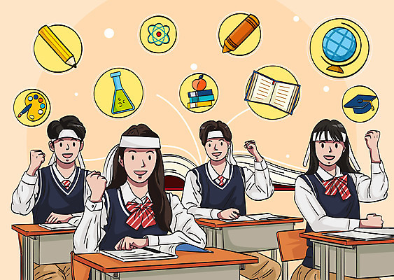 학생 여자 남자 교복 의자 일러스트 응원 청소년 여러명 상반신 연필 지구본 파이팅 수능 머리띠 책상 수험생 수능대비 베이지색 십대만 국내일러스트 AI파일 옷 컬러 가구 다수 장신구 모션 고등학생 학용품 사람 필기구 시험 파일형식 벡터