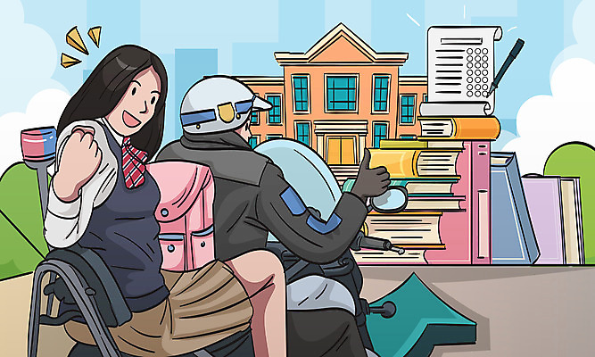 전신 여자 남자 교복 가방 일러스트 학교 응원 청소년 성인 두명 건물 책 오토바이 최고 헬멧 수능대비 시험장 국내일러스트 AI파일 건축물 잡화 옷 교육 사람 바이크 수능 보호장비 파일형식 벡터