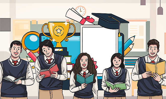 전신 학생 여자 남자 교복 일러스트 학사모 청소년 돋보기 여러명 연필 공책 수능 트로피 수험생 수능대비 십대만 국내일러스트 AI파일 모자_잡화 옷 다수 졸업 고등학생 문구용품 학용품 사람 필기구 시험 상_우승 파일형식 벡터