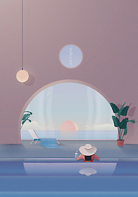 모자 여자 화분 바다 백그라운드 의자 일러스트 조명 수영장 한명 상반신 여름 노을 보라색 휴양지 힐링 그라데이션 여자한명만 힐링스테이 국내일러스트 AI파일 자연요소 1 잡화 계절 컬러 가구 사람 장소 여자만 파일형식 벡터