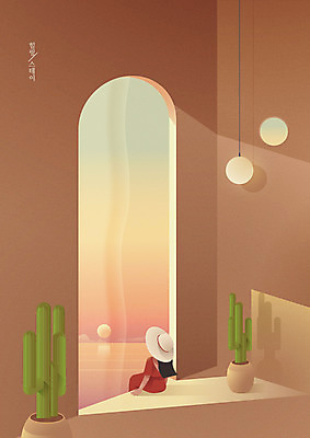 모자 여자 화분 바다 백그라운드 일러스트 조명 선인장 한명 앉기 상반신 노을 주황색 휴양지 힐링 그라데이션 여자한명만 힐링스테이 국내일러스트 AI파일 자연요소 식물 1 잡화 컬러 모션 사람 장소 여자만 파일형식 벡터